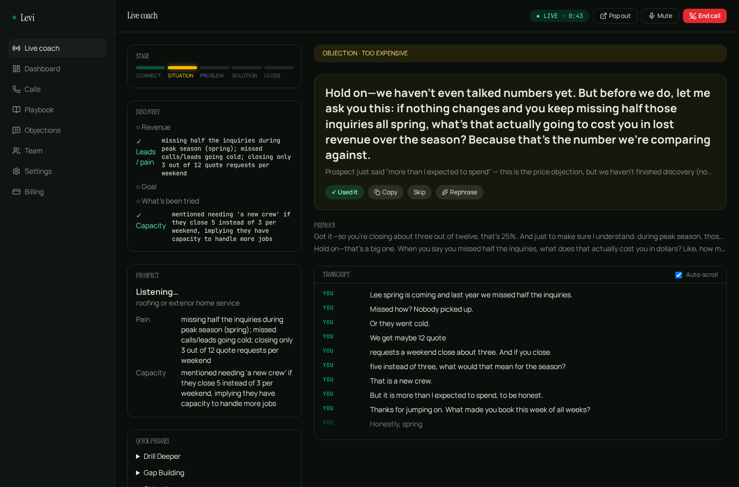 The Levi live coach during a real sales call: a price-objection suggestion card, discovery checklist, prospect notes, and rolling transcript.