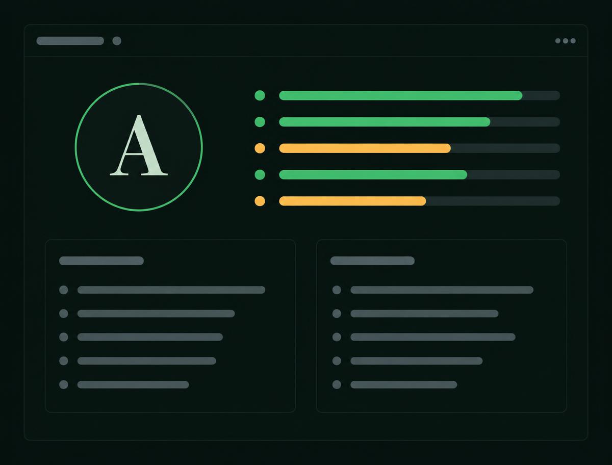 Post-call debrief panel with an overall grade, five sub-score bars, and two summary lists.